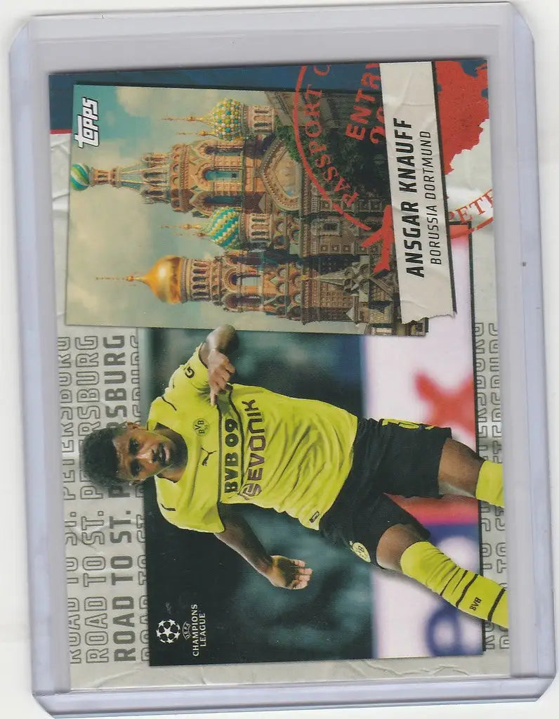 Trading card of Ansgar Knauff in Borussia Dortmund’s yellow uniform, 2021-22 Topps UEFA