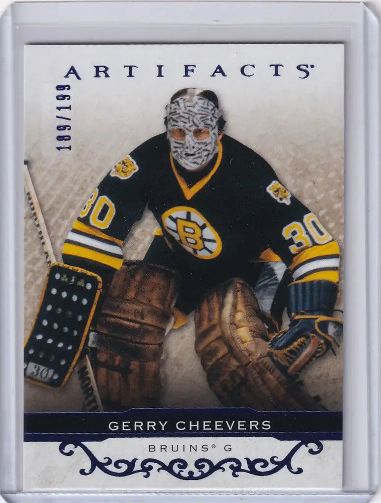 Hockey trading card of Gerry Cheevers in full gear, Upper Deck Artifacts #150, Bruins