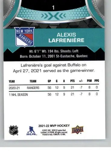 2021-22 Upper Deck MVP #1 Alexis Lafreniere NM-MT NY Rangers - Hockey Card Single