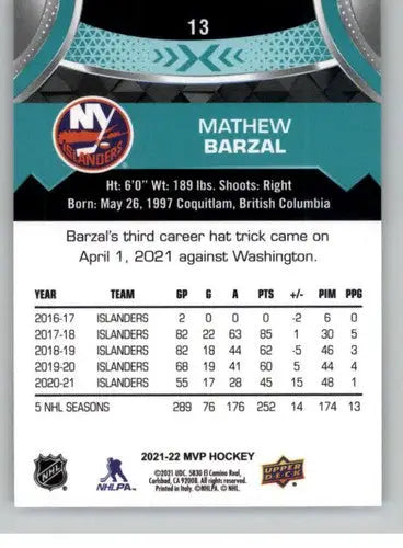 Mathew Barzal hockey card from 2021-22 Upper Deck MVP featuring original gloss and simply Sandoval