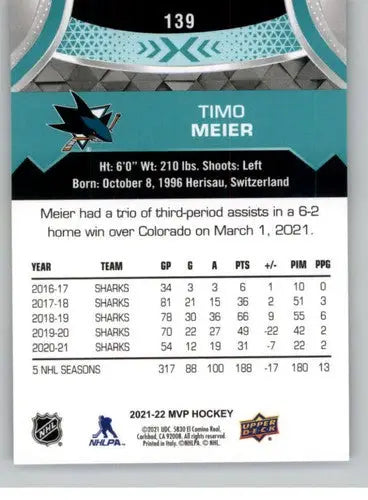 2021-22 Upper Deck MVP #139 Timo Meier NM-MT Sharks ID:39413 - Hockey Card Single