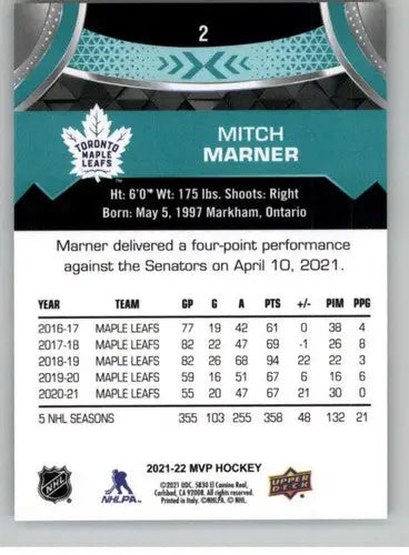2021-22 Upper Deck MVP #2 Mitch Marner Maple Leafs - Hockey Card Single