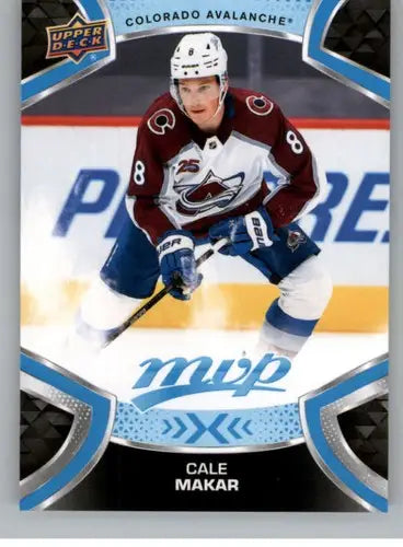 Cale Makar hockey card from 2021-22 Upper Deck MVP with original gloss and Avalanche display