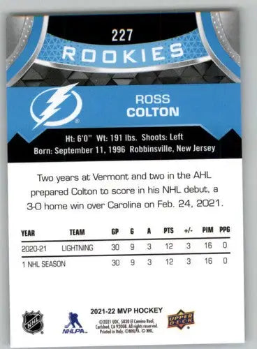 Back of 2021-22 Upper Deck MVP Ross Colton rookie hockey card with original gloss