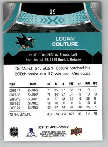 2021-22 Upper Deck MVP #39 Logan Couture NM-MT Sharks ID:39346 - Hockey Card Single