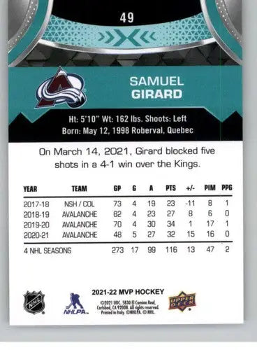 2021-22 Upper Deck MVP #49 Samuel Girard NM-MT Avalanche ID:39350 - Hockey Card Single