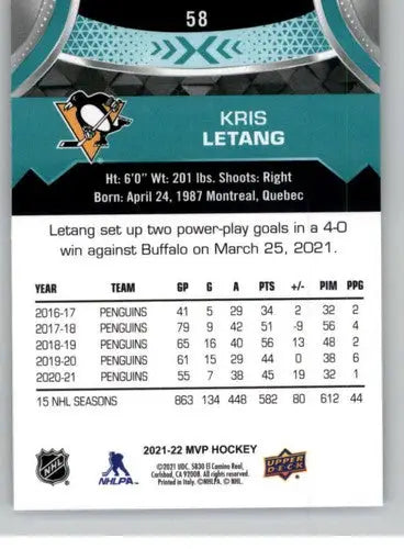 2021-22 Upper Deck MVP #58 Kris Letang NM-MT Penguins ID:39356 - Hockey Card Single