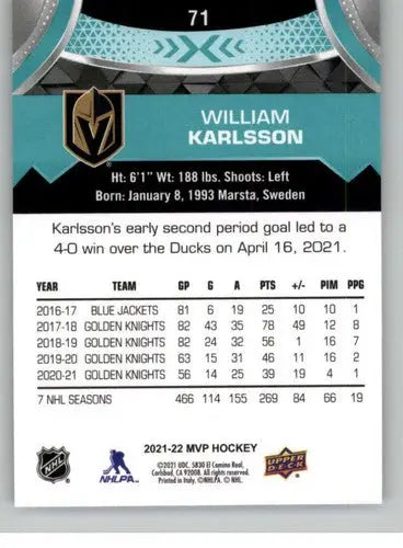 2021-22 Upper Deck MVP #71 William Karlsson NM-MT ID:39076 - Hockey Card Single