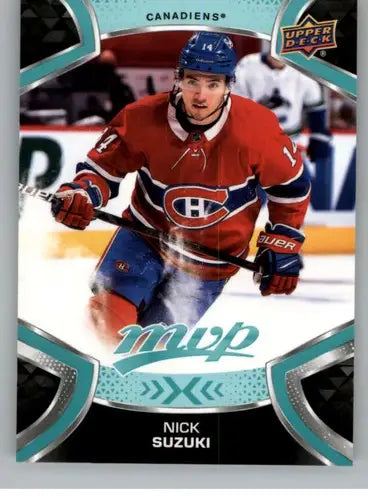 Nick Suzuki hockey card from 2021-22 Upper Deck MVP with original gloss and simply sandoval