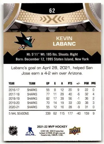 2021-22 Upper Deck MVP Gold Script #62 Kevin Labanc NM-MT Sharks - Hockey Card Single