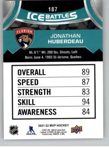 Original gloss hockey trading card of Jonathan Huberdeau from 2021-22 Upper Deck MVP Ice Battles