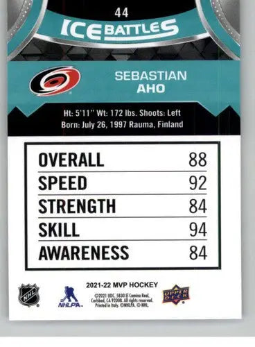2021-22 Upper Deck MVP Ice Battles #IB-44 Sebastian Aho NM-MT Hurricanes - Hockey Card Single