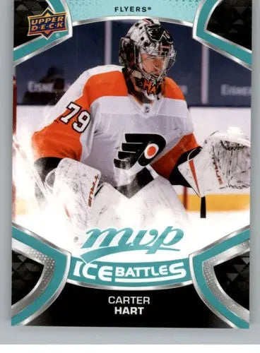 Hockey trading card featuring Carter Hart of the Flyers from 2021-22 Upper Deck MVP Ice Battles