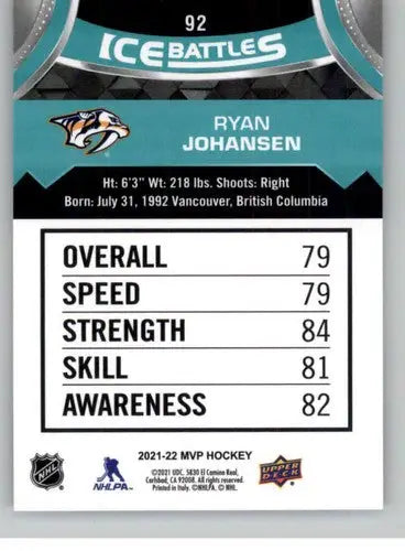 2021-22 Upper Deck MVP Ice Battles #IB-92 Ryan Johansen NM-MT Predators - Hockey Card Single
