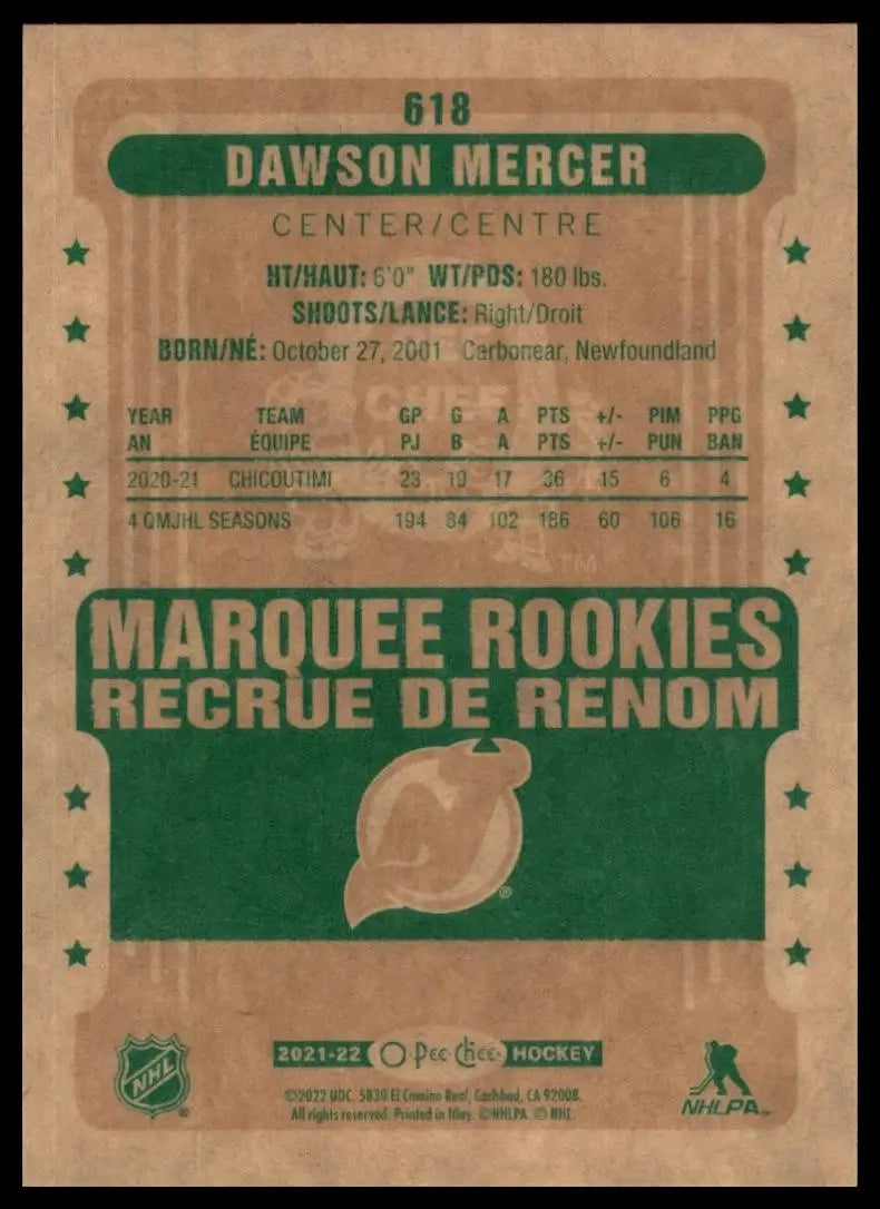 2021-22 Upper Deck O Pee Chee Retro Dawson Mercer Rookie #618 New Jersey Devils - Hockey Card Single