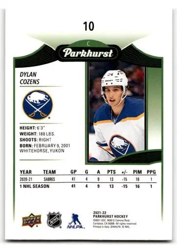 2021-22 Upper Deck Parkhurst Dylan Cozens hockey card Sabres ID 42875