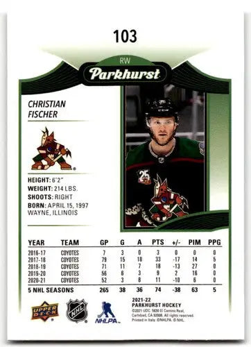 Christian Fischer hockey card from 2021-22 Upper Deck Parkhurst with original gloss
