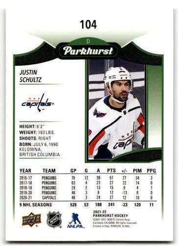 Justin Schultz hockey card with original gloss from 2021-22 Upper Deck Parkhurst collection