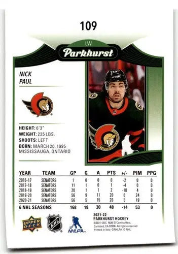 2021-22 Upper Deck Parkhurst original gloss Nick Paul hockey card Senators ID 42908