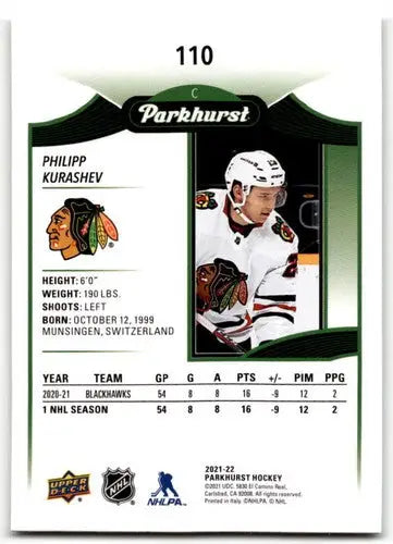Hockey trading card featuring Philipp Kurashev from 2021-22 Upper Deck Parkhurst series