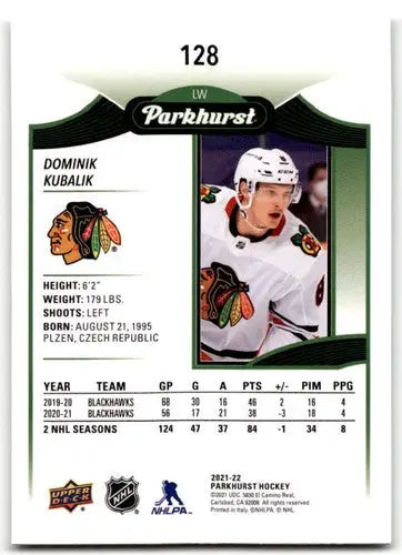 Dominik Kubalik hockey card from 2021-22 Upper Deck Parkhurst set featuring Blackhawks