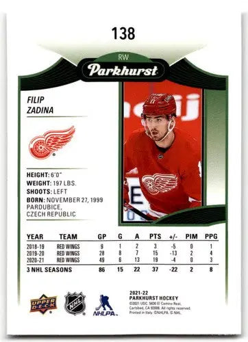 Filip Zadina hockey card from 2021-22 Upper Deck Parkhurst Red Wings series