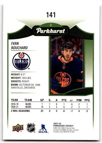 Evan Bouchard hockey card from 2021-22 Upper Deck Parkhurst series with Edmonton Oilers