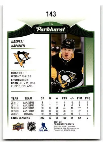 2021-22 Upper Deck Parkhurst #143 Kasperi Kapanen NM-MT Penguins ID:42919 - Hockey Card Single