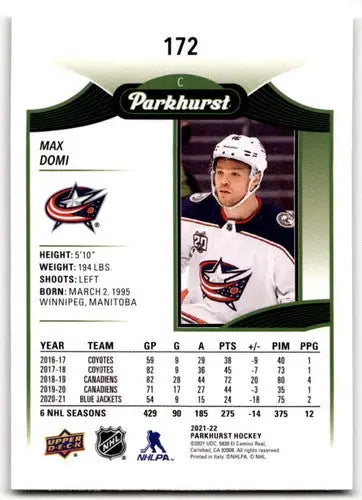Original gloss UpperDeck Parkhurst Max Domi hockey card featuring Blue Jackets ID 42928
