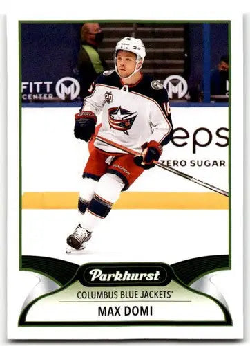 Max Domi hockey card from 2021-22 Upper Deck Parkhurst with original gloss in Blue Jackets jersey