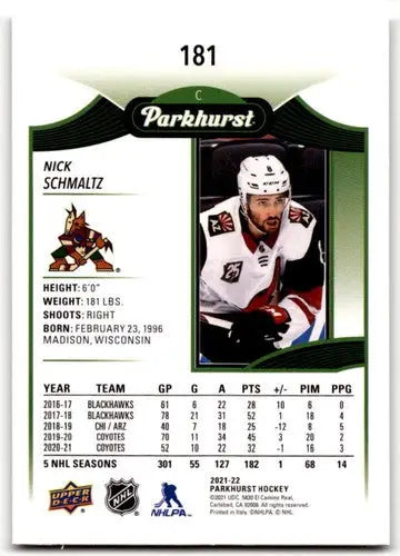 Upper Deck Parkhurst Nick Schmaltz hockey card from 2021-22 product NM-MT ID 42957