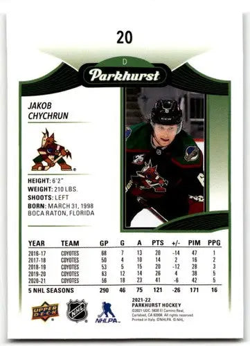 Hockey card from 2021-22 Upper Deck Parkhurst featuring Jakob Chychrun NM-MT