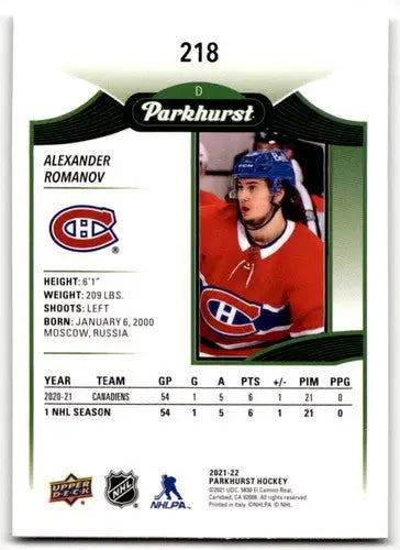 Hockey trading card featuring Alexander Romanov from 2021-22 Upper Deck Parkhurst