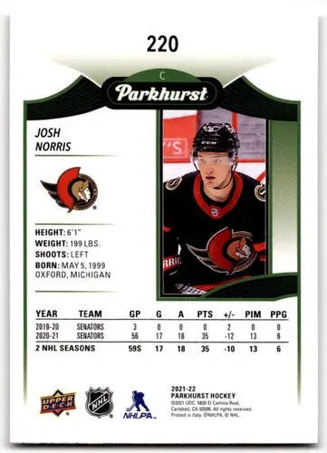 Hockey trading card from 2021-22 Upper Deck Parkhurst featuring Josh Norris Senators