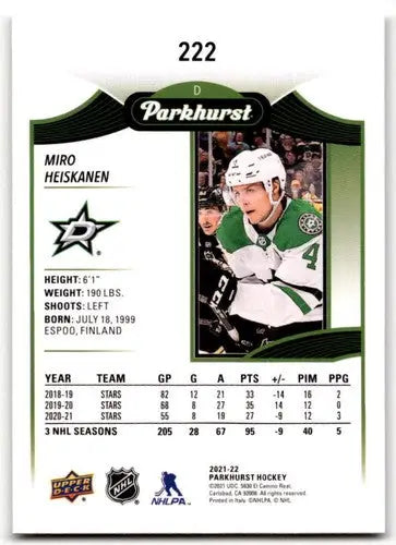 Original gloss Miro Heiskanen hockey card from Upper Deck Parkhurst 2021-22 collection