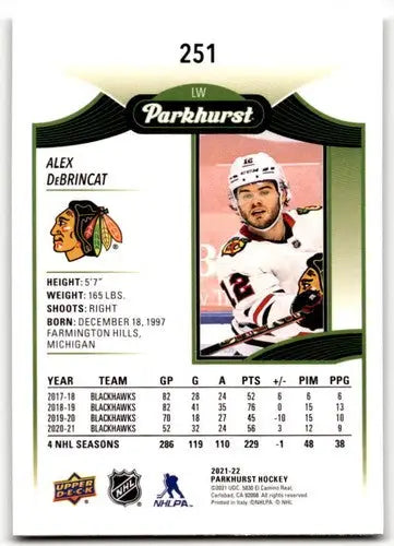 Hockey card back from 2021-22 Upper Deck Parkhurst featuring Alex DeBrincat Blackhawks