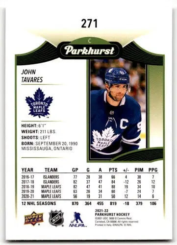 John Tavares hockey card from 2021-22 Upper Deck Parkhurst Maple Leafs collection