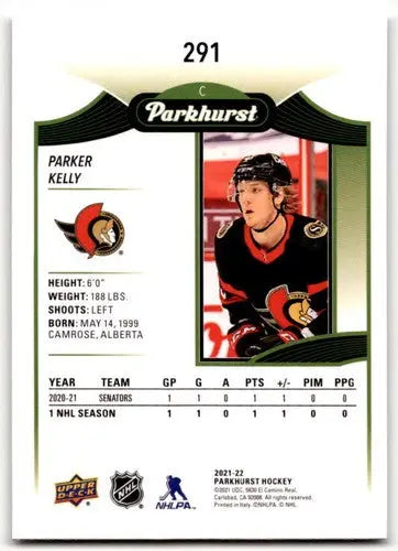 Hockey card from 2021-22 Upper Deck Parkhurst featuring Parker Kelly Rookie Senators