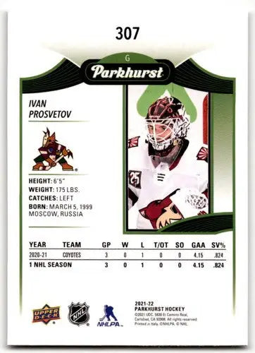 Hockey card from 2021-22 Upper Deck Parkhurst featuring Ivan Prosvetov rookie card