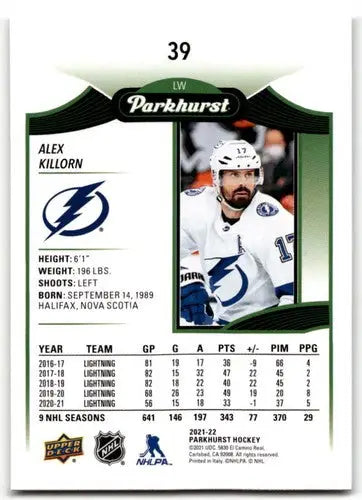 Hockey card featuring Alex Killorn stats and image from 2021-22 Upper Deck Parkhurst