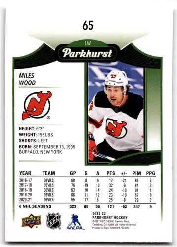 Original gloss of Miles Wood hockey card from 2021-22 Upper Deck Parkhurst series