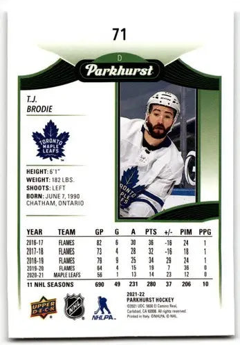 Hockey card from 2021-22 Upper Deck Parkhurst featuring T.J. Brodie Maple Leafs