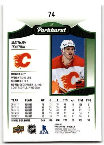 Matthew Tkachuk hockey card from 2021-22 Upper Deck Parkhurst flames collection