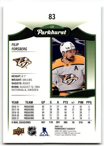 2021-22 Upper Deck Parkhurst #83 Filip Forsberg NM-MT Predators ID:42899 - Hockey Card Single