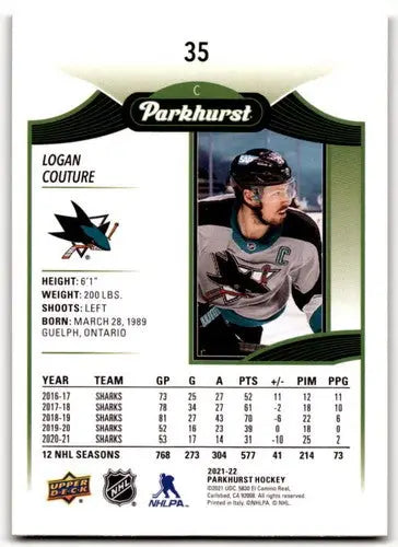 Hockey card with player statistics featuring 2021-22 Upper Deck Parkhurst Gold Border