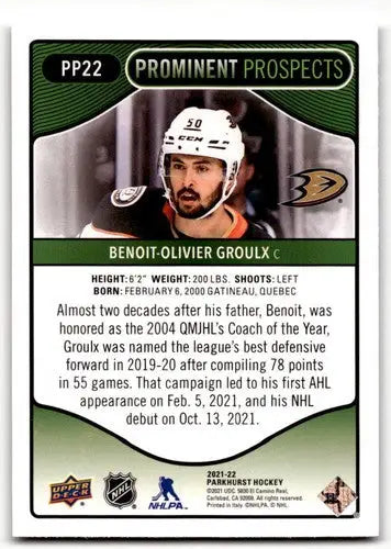 Hockey card from 2021-22 Upper Deck Parkhurst Prominent Prospects series