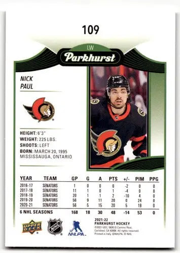 Hockey card with player stats from 2021-22 Upper Deck Parkhurst Silver Border Nick Paul