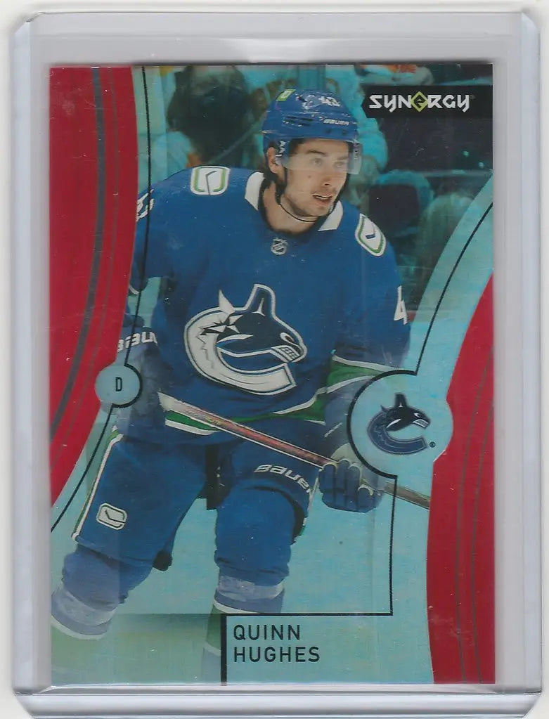 Hockey trading card of Quinn Hughes from the Vancouver Canucks, Upper Deck Synergy Red Parallel