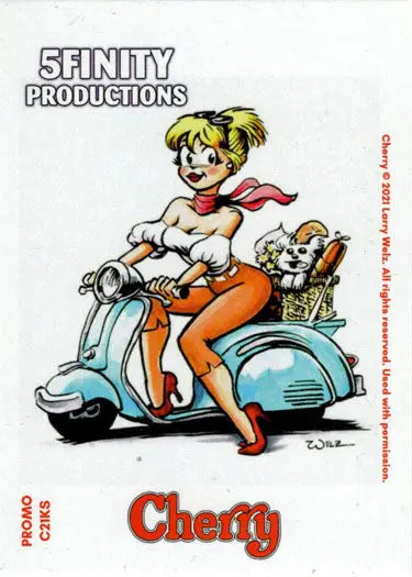 Cartoon character on light blue scooter with dog in basket for 2021 5finity Promo Card