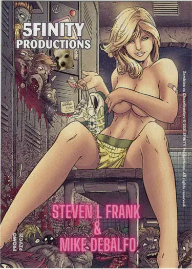 Provocative blonde woman in urban setting featured on 2021 Zombies Vs. Cheerleaders promo card